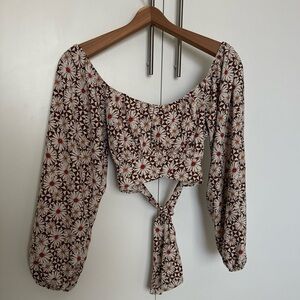 Altar’d State Floral Tie-Front Long-Sleeve Crop Top in Cream and Brown -S